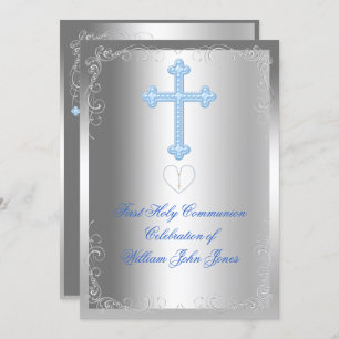 Boy First Holy Communion Silver Blue Invitation