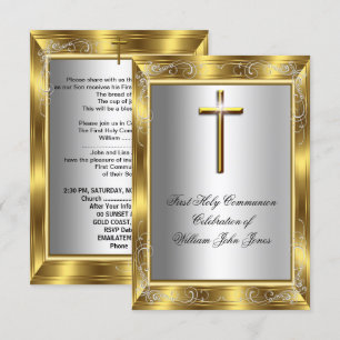 Boy First Holy Communion Silver Gold Cross 2 Invitation
