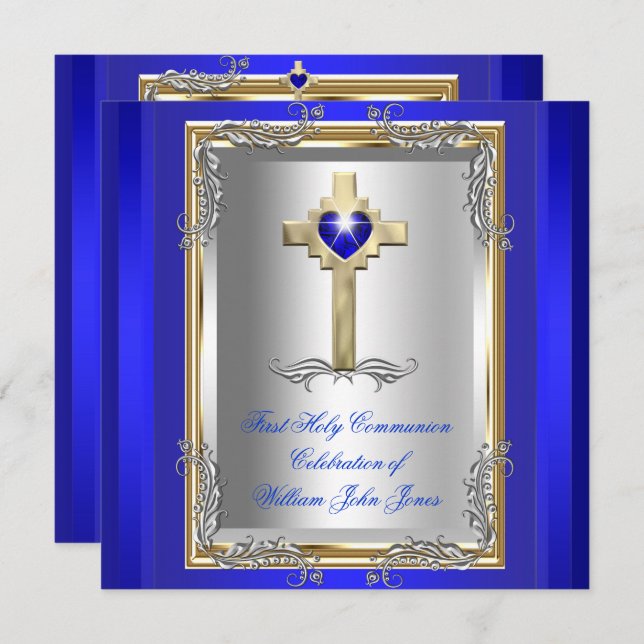 Boy First Holy Communion Silver Gold Royal Blue 2 Invitation (Front/Back)