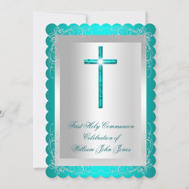 Boy First Holy Communion Silver Jade Teal 2 Invitation (Front)