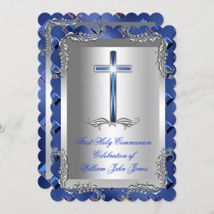 Boy First Holy Communion Silver Royal Blue 2TS Invitation