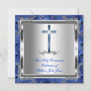 Boy First Holy Communion Silver Royal Blue 3a Invitation