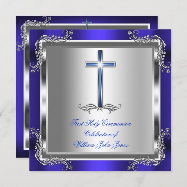 Boy First Holy Communion Silver Royal Blue 3b Invitation (Front/Back)