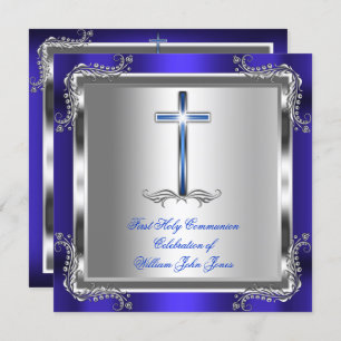 Boy First Holy Communion Silver Royal Blue 3b Invitation