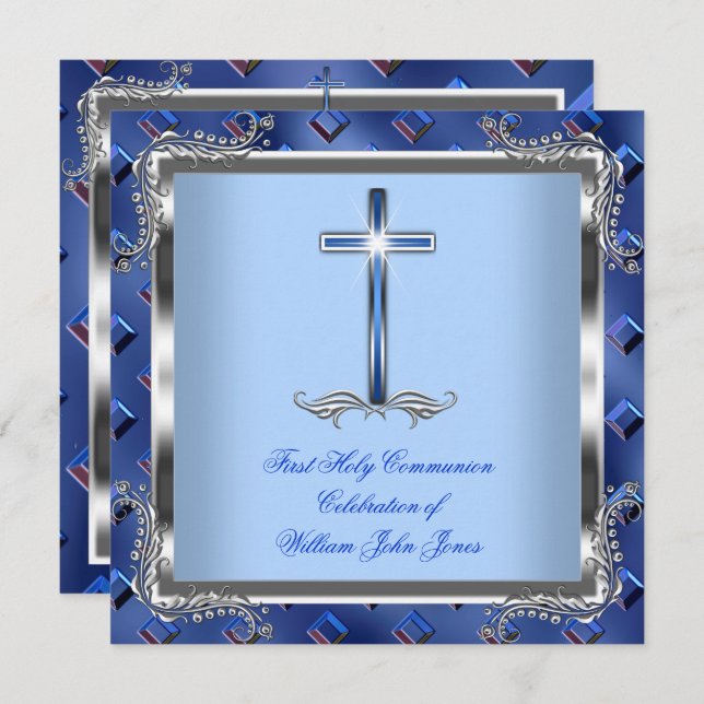 Boy First Holy Communion Silver Royal Blue 4 Invitation (Front/Back)