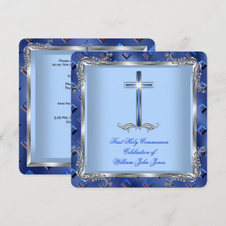 Boy First Holy Communion Silver Royal Blue 4B Invitation