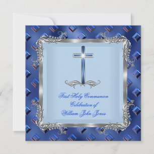 Boy First Holy Communion Silver Royal Blue 4C Invitation
