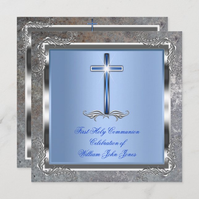 Boy First Holy Communion Silver Royal Blue 4M Invitation (Front/Back)