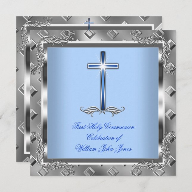 Boy First Holy Communion Silver Royal Blue 5 Invitation (Front/Back)