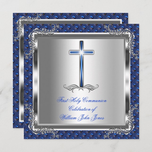 Boy First Holy Communion Silver Royal Blue 7 Invitation (Front/Back)