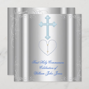 Boy First Holy Communion Silver White Blue Invitation