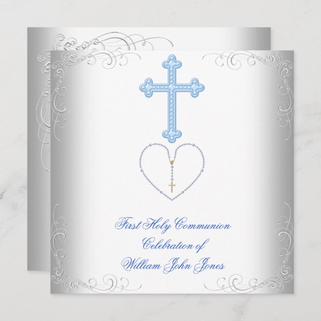 Boy First Holy Communion White Blue Invitation (Front/Back)