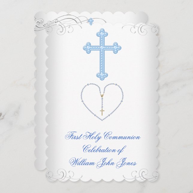Boy First Holy Communion White Blue Silver Invitation (Front/Back)
