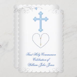 Boy First Holy Communion White Blue Silver Invitation