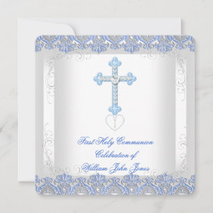 Boy First Holy Communion White Silver Blue Invitation