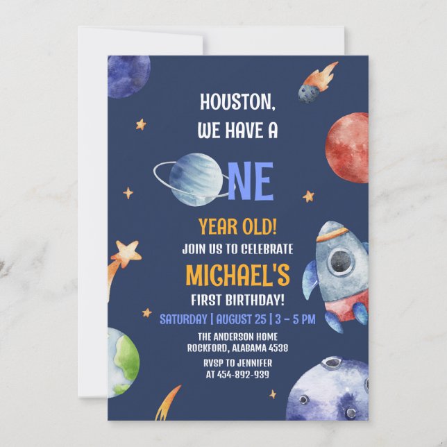 Boy First Outer Space Planets 1st Birthday Invitation (Front)