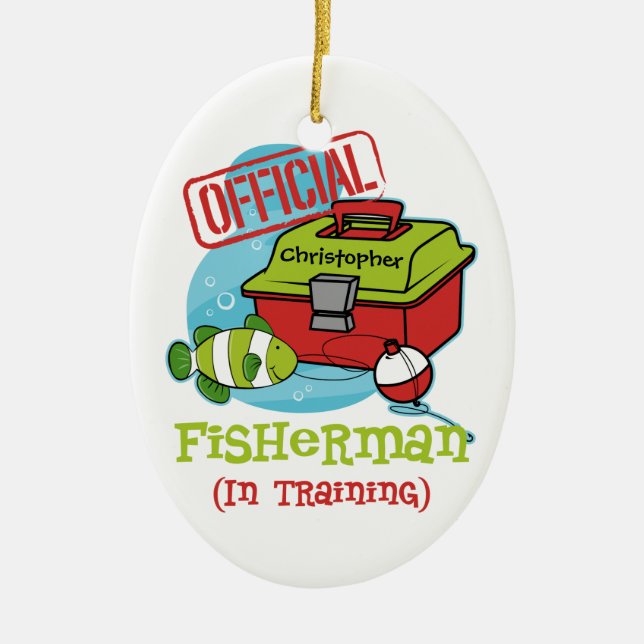 Boy Fisherman In Training Ceramic Ornament (Front)