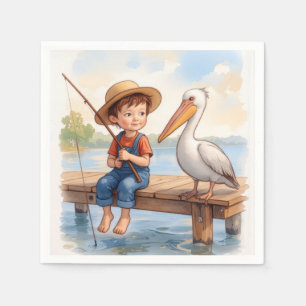 Boy Fishing On a Dock With a Pelican Napkin