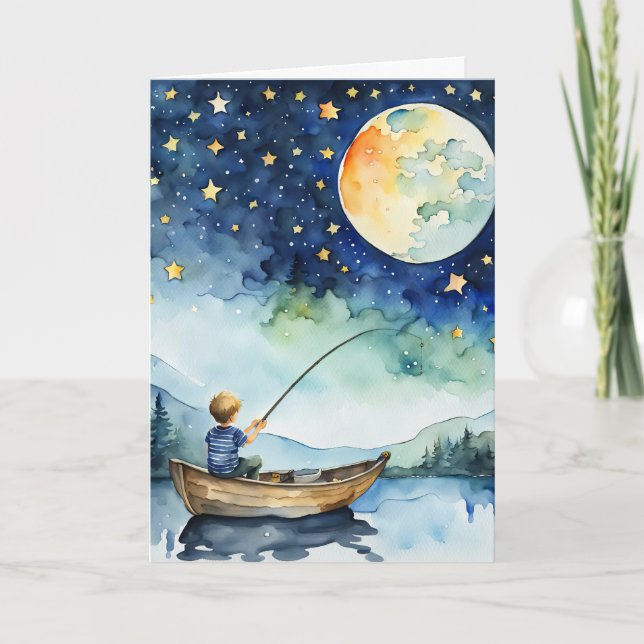 Boy Fishing Under Full Moon Birthday Card (Front)