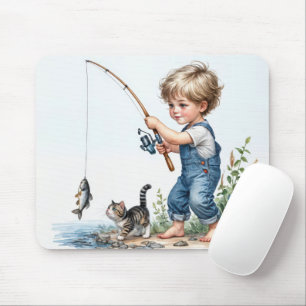 Boy Fishing With Kitten Mouse Pad