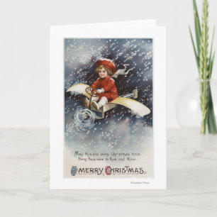 Boy Flying Make-Shift Aeroplane Holiday Card