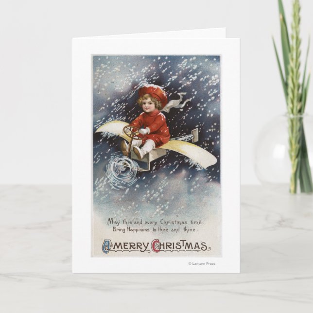Boy Flying Make-Shift Airplane Holiday Card (Front)