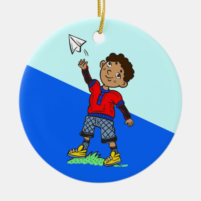 Boy Flying Paper Aeroplane Ceramic Tree Decoration (Front)