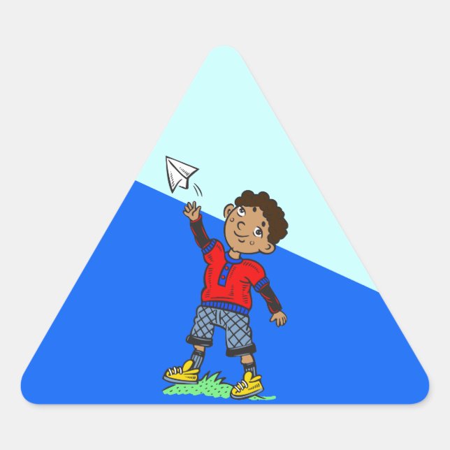 Boy Flying Paper Aeroplane Triangle Sticker (Front)