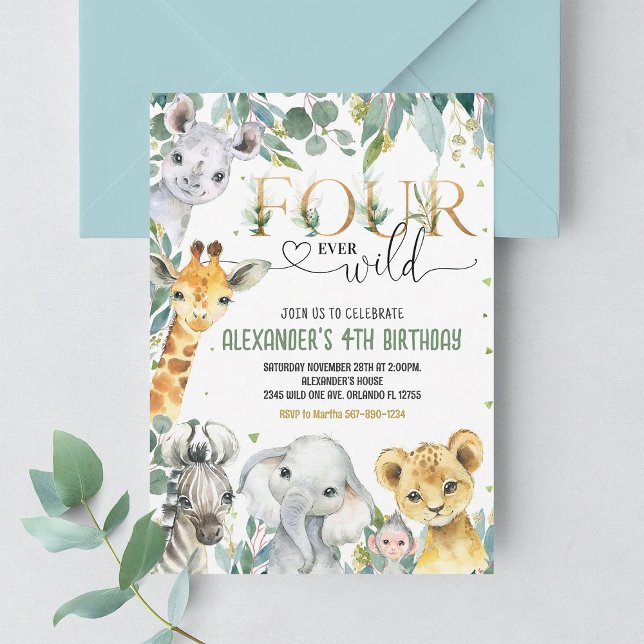 Boy Four ever wild Gold Jungle Animals Birthday Invitation (Creator Uploaded)
