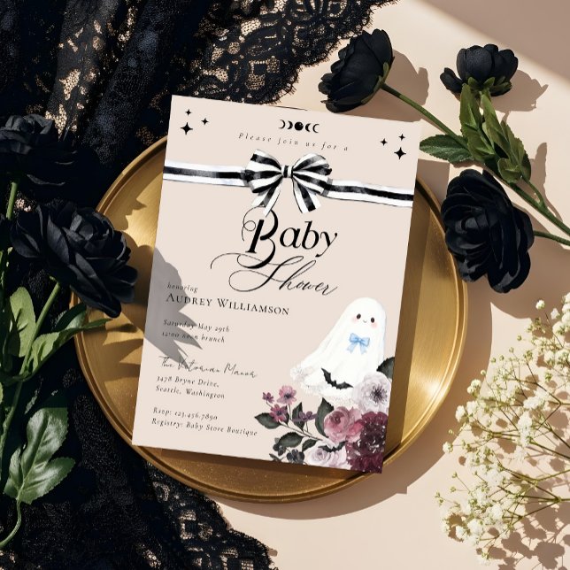 Boy Ghost Little Boo Floral Gothic Baby Shower  Invitation (Boy Ghost Little Boo Floral Gothic Baby Shower Invitation)