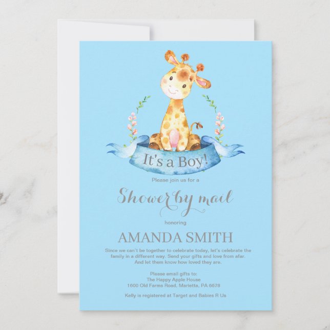 Boy Giraffe Baby Shower by Mail Invitation (Front)