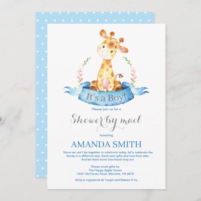 Boy Giraffe Baby Shower by Mail Invitation (Front/Back)