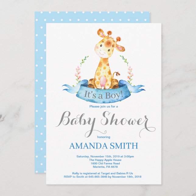 Boy Giraffe Baby Shower Invitation Blue and Grey (Front/Back)