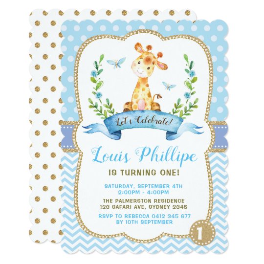 boy giraffe birthday invitation blue gold party zazzle com au