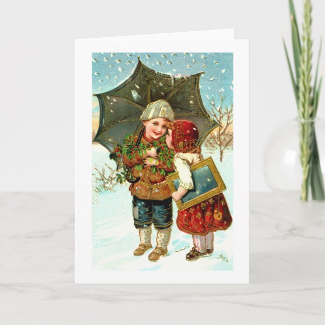Boy, girl and umbrella holiday card (Front)