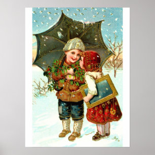 Boy, girl and umbrella poster