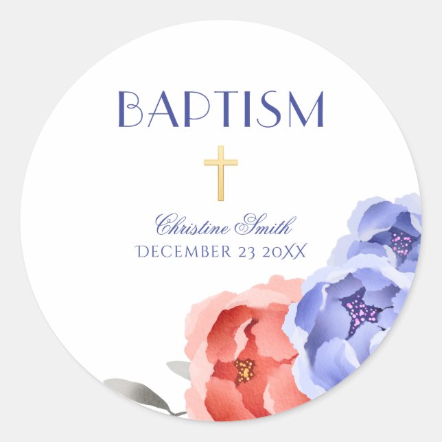 Boy Girl Baptism Christening Floral Peony Wreath Classic Round Sticker (Front)