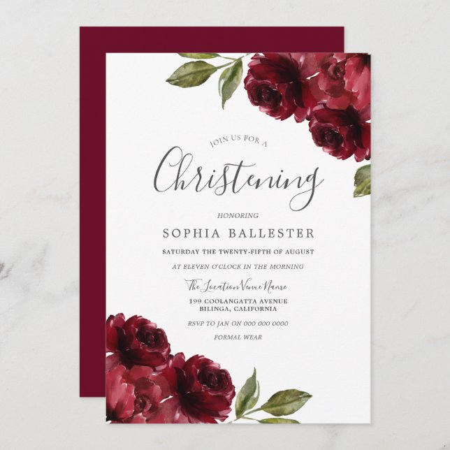 Boy Girl Burgundy Red Flowers Christening Baptism Invitation (Front/Back)