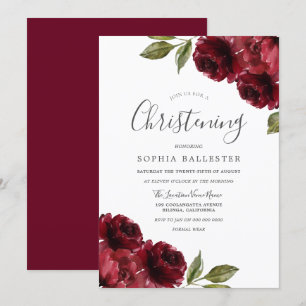 Boy Girl Burgundy Red Flowers Christening Baptism Invitation