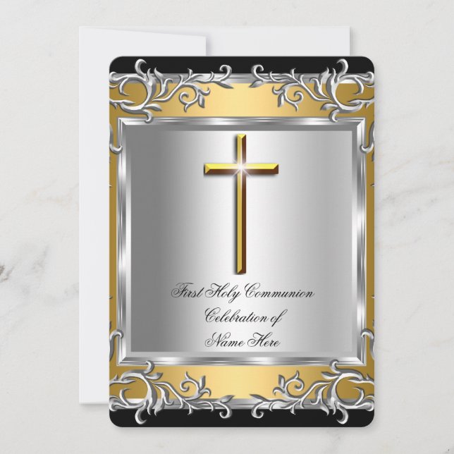 Boy Girl First Holy Communion Silver Gold 2 Invitation (Front)
