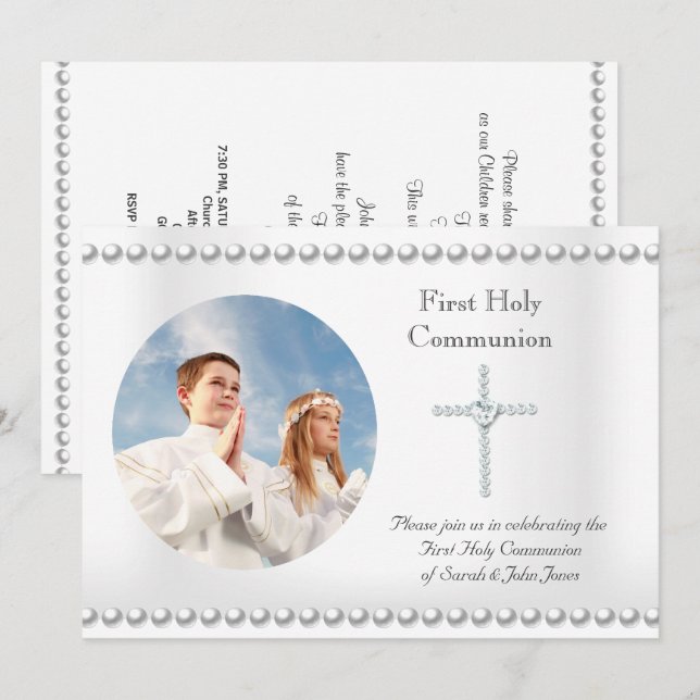 Boy Girl First Holy Communion White Cross Photo Invitation (Front/Back)