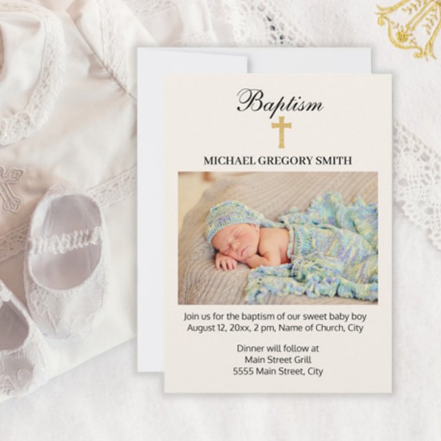 Boy Girl Gold Cross Religious Baptism Photo Invitation (Creator Uploaded)