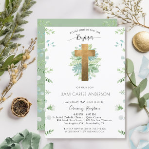 Boy/Girl Greenery Baptism Mint Green Invitation