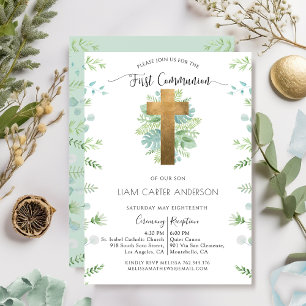 Boy/Girl Greenery Green First Communion Invitation