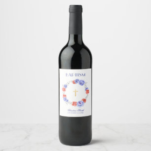Boy Girl Modest Peony Wreath Christening Baptism Wine Label