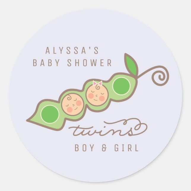 Boy & Girl Peas in a Pod Twins Baby Shower Sticker (Front)