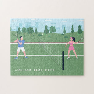 Boy Girl Playing Tennis Green Illustration & Text Jigsaw Puzzle