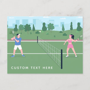 Boy Girl Playing Tennis Green Illustration & Text  Postcard