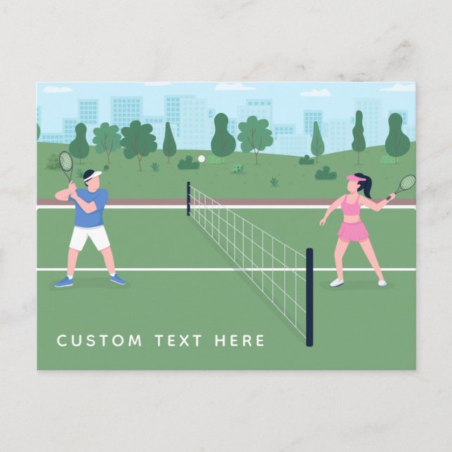 Boy Girl Playing Tennis Green Illustration & Text  Postcard (Front)