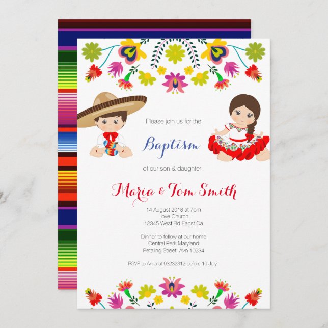 Boy Girl Siblings Christening Baptism Invitation (Front/Back)